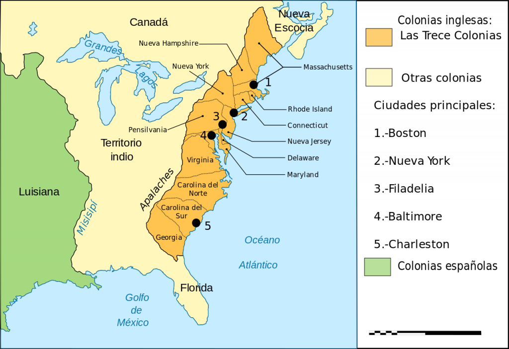 13 colonies map labeled