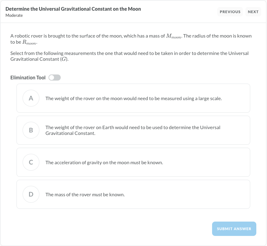 Determine the universal gravitational constant on the moon - Multiple Choice Exam Questions sample