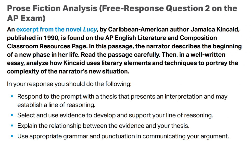 AP® Literature - Prose Fiction Analysis Directions